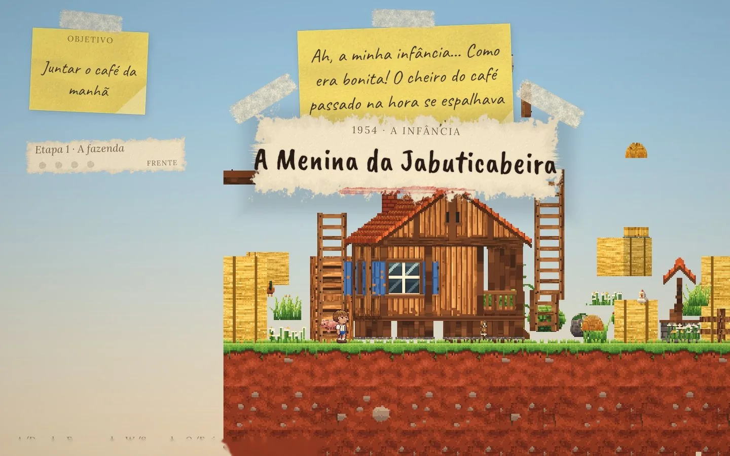 Chapéu de Papel: o Seu Dito na fazenda de 1954, com o post-it do objetivo, a fala dele e a cartela A Menina da Jabuticabeira